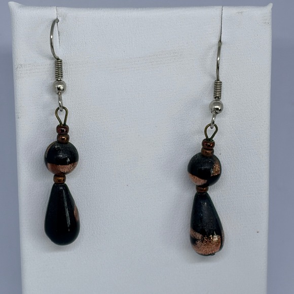 Vintage-Style Black Aventurine Glass Dangle Earrings – Copper Fleck Teardrops - Picture 2 of 5